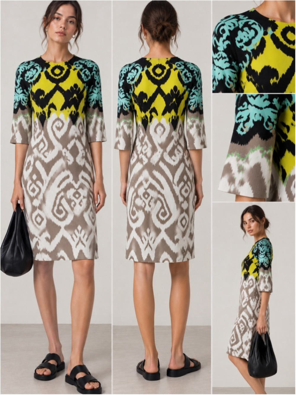 Tibi Multicolor Ikat Print Shift Dress 3/4 Sleeve Avant Garde Artsy Size L